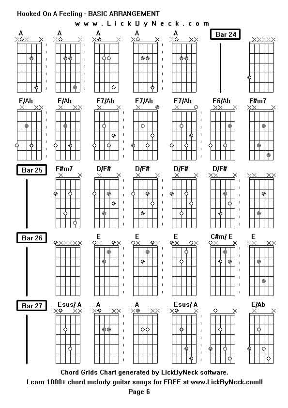 Chord Grids Chart of chord melody fingerstyle guitar song-Hooked On A Feeling - BASIC ARRANGEMENT,generated by LickByNeck software.